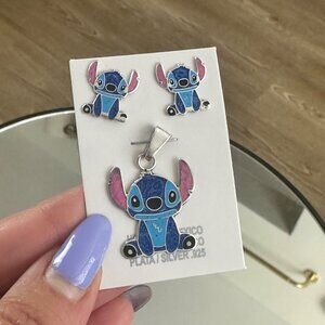 Stitch Cartoon Jewelry Set .925 Silver Pendant & Earrings Handmade In Mexico
